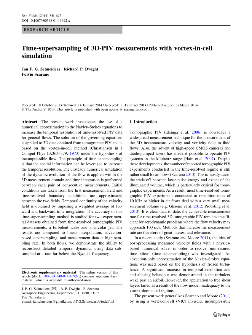 Pdf Time Supersampling Of 3d Piv Measurements With Vortex In Cell Simulation