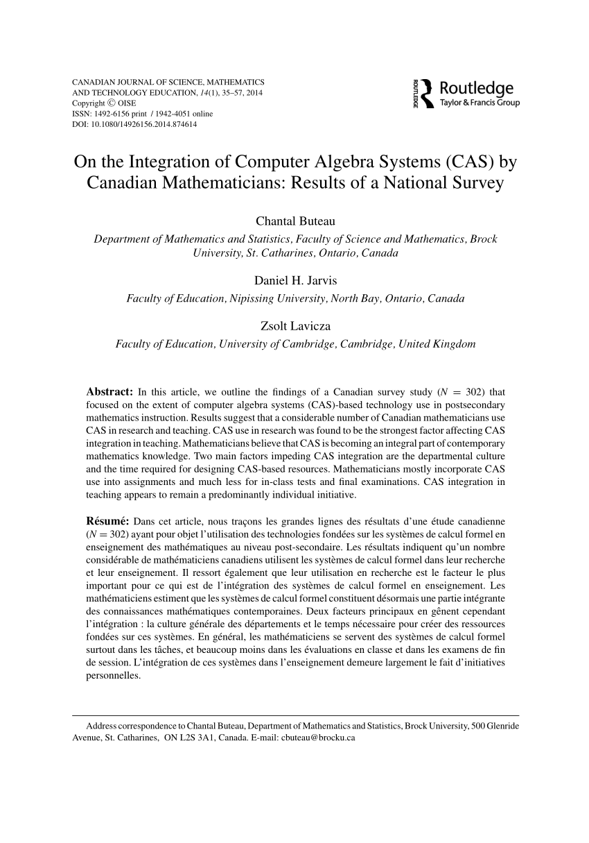 Pdf On The Integration Of Computer Algebra Systems Cas By Canadian Mathematicians Results Of A National Survey