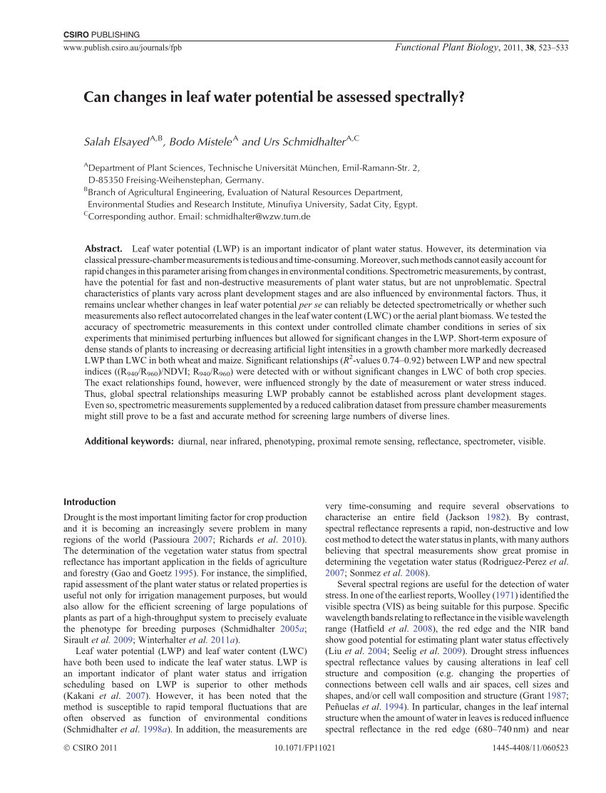 Pdf Can Changes In Leaf Water Potential Be Assessed Spectrally