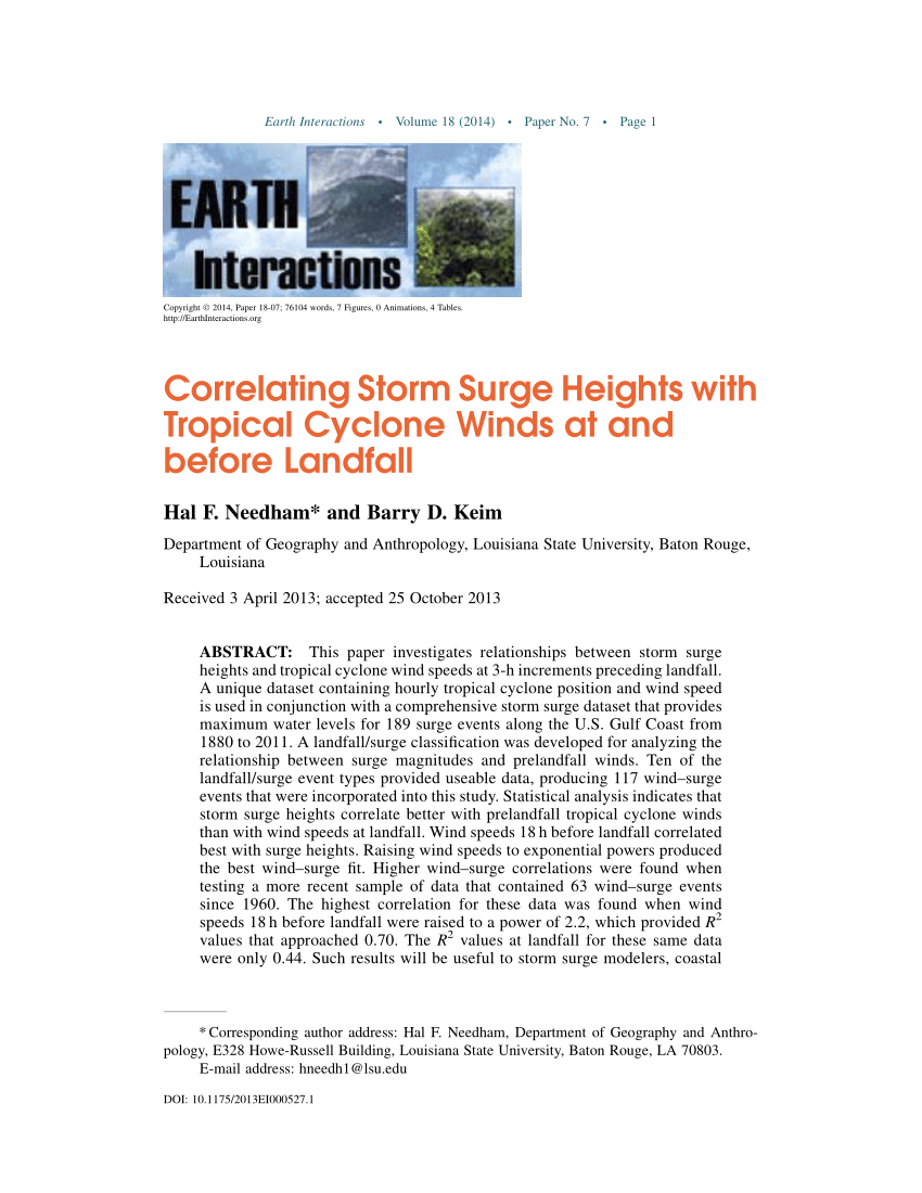 PDF) Correlating Storm Surge Heights with Tropical Cyclone Winds at and  before Landfall