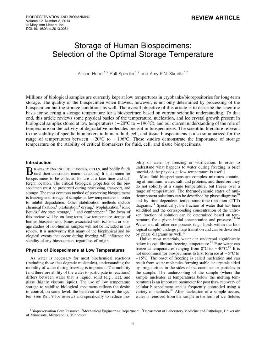 PDF) Storage of Human Biospecimens: Selection of the Optimal ...