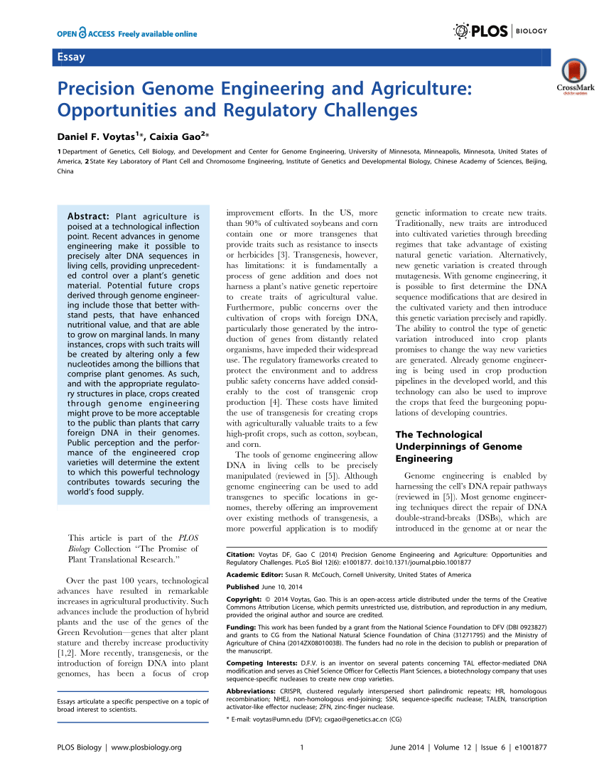 (PDF) Precision Genome Engineering and Agriculture Opportunities and