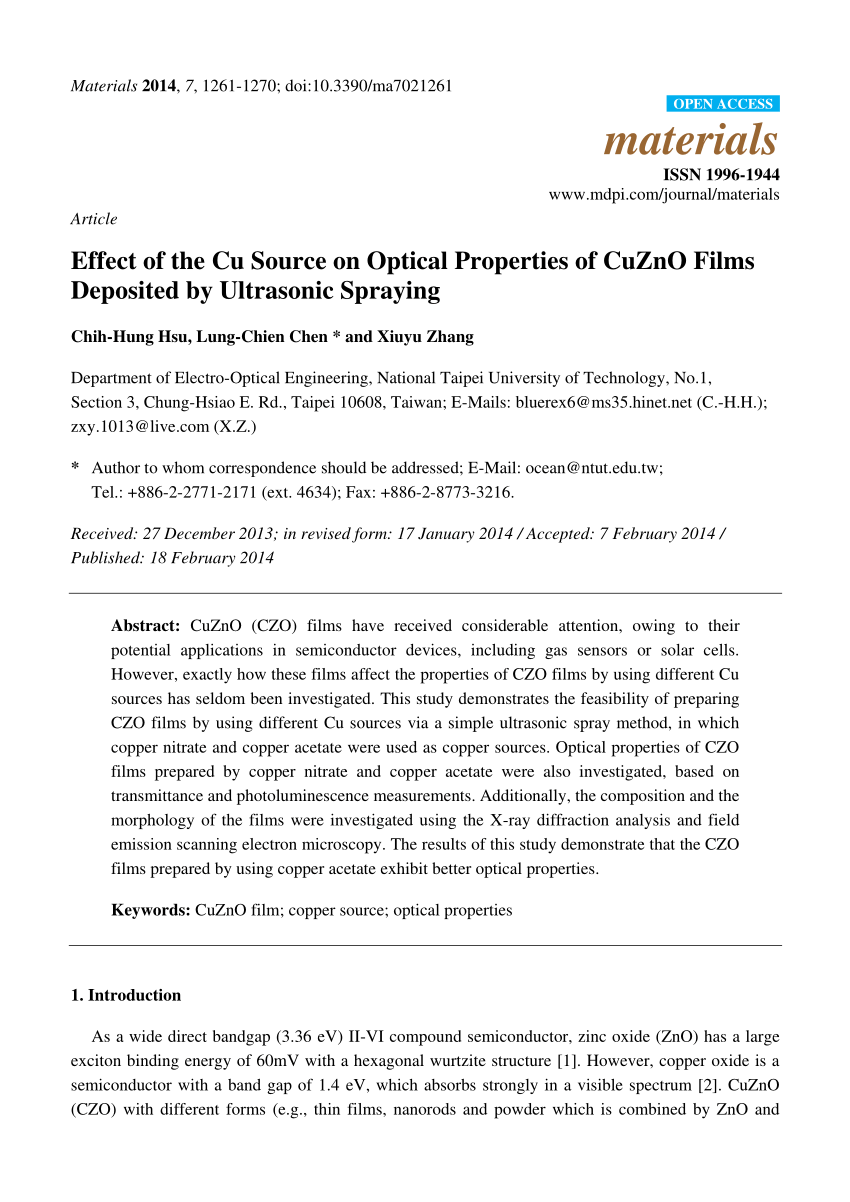 Pdf Effect Of The Cu Source On Optical Properties Of Cuzno Films Deposited By Ultrasonic Spraying