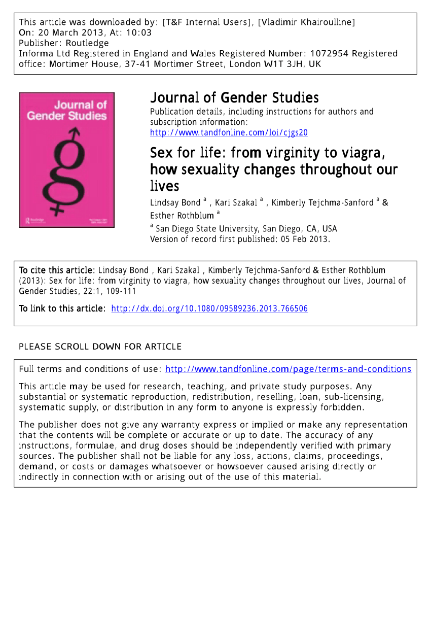 PDF) Sex for life: from virginity to viagra, how sexuality changes  throughout our lives