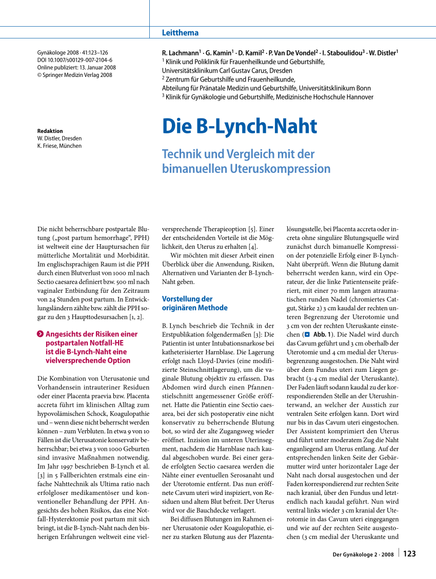 PDF) Die B-Lynch-Naht: Technik und Vergleich mit der bimanuellen  Uteruskompression