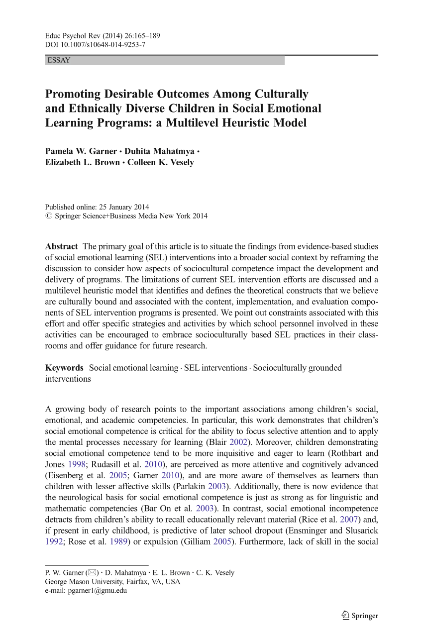 Pdf Promoting Desirable Outcomes Among Culturally And Ethnically Diverse Children In Social Emotional Learning Programs A Multilevel Heuristic Model
