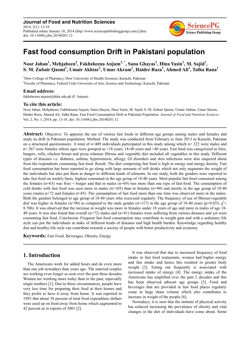 research report on fast food in pakistan