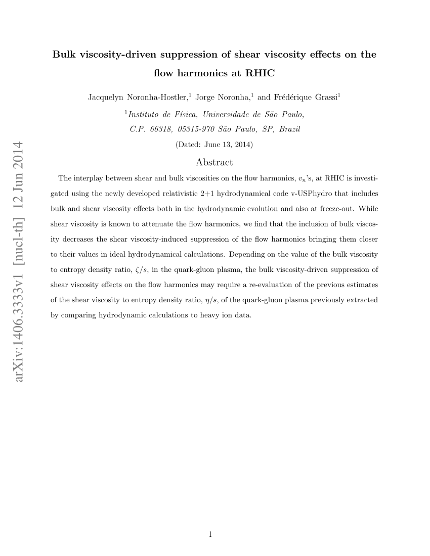 Pdf Bulk Viscosity Driven Suppression Of Shear Viscosity Effects On The Flow Harmonics At Rhic