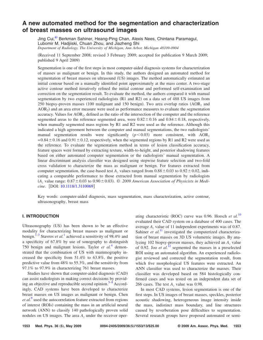 Pdf A New Automated Method For The Segmentation And Characterization Of Breast Masses On