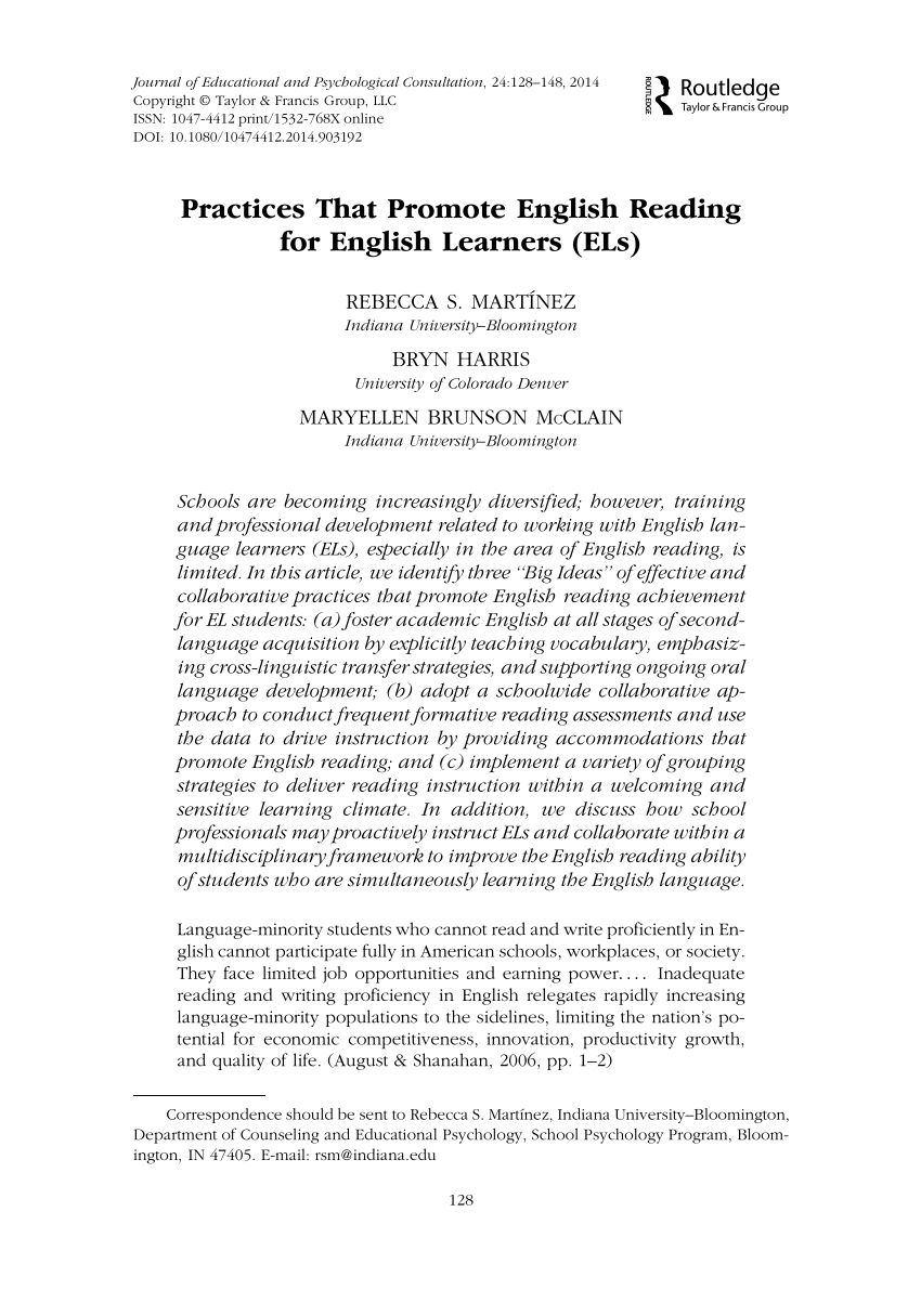 Pdf Practices That Promote English Reading For English Learners Els