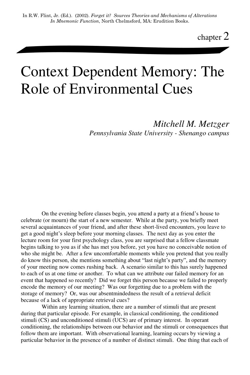 Pdf Context Dependent Memory The Role Of Environmental Cues