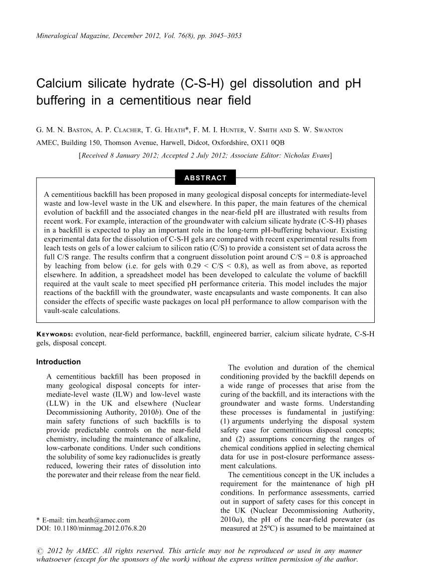 Pdf Calcium Silicate Hydrate C S H Gel Dissolution And Ph Buffering In A Cementitious Near Field