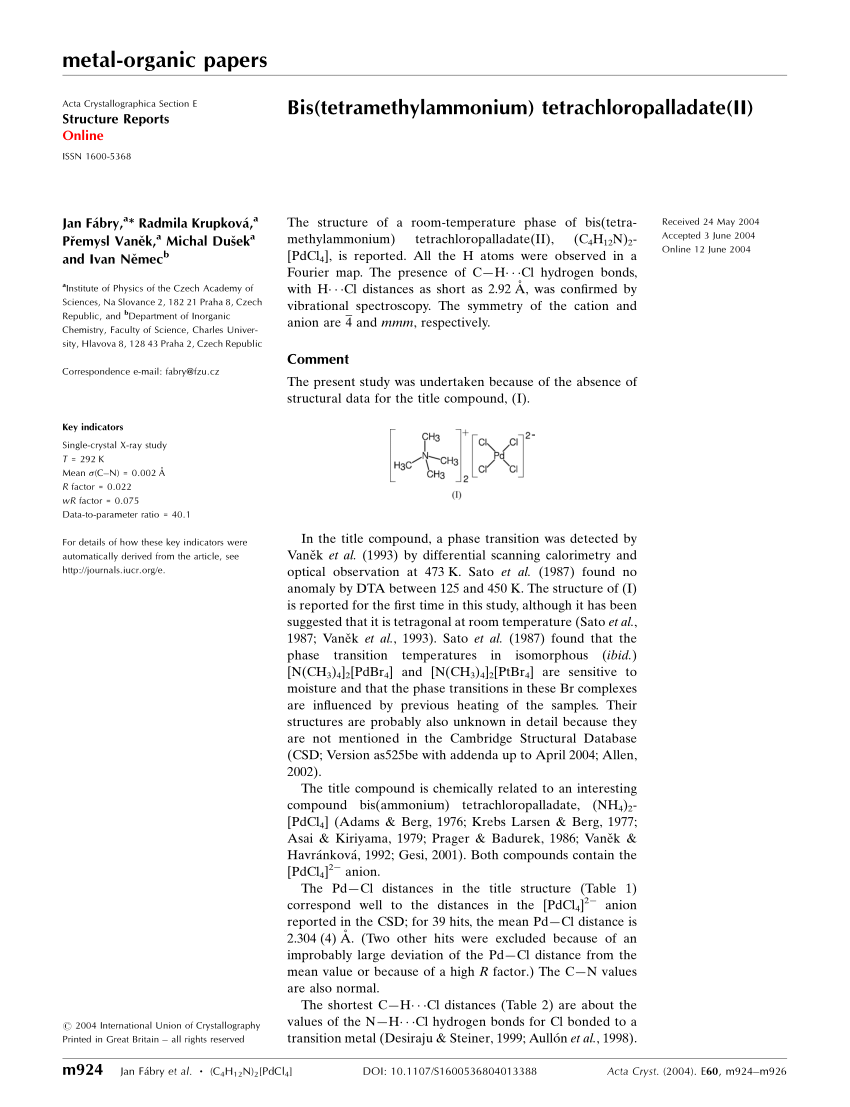 Pdf Bis Tetramethylammonium Tetrachloropalladate Ii