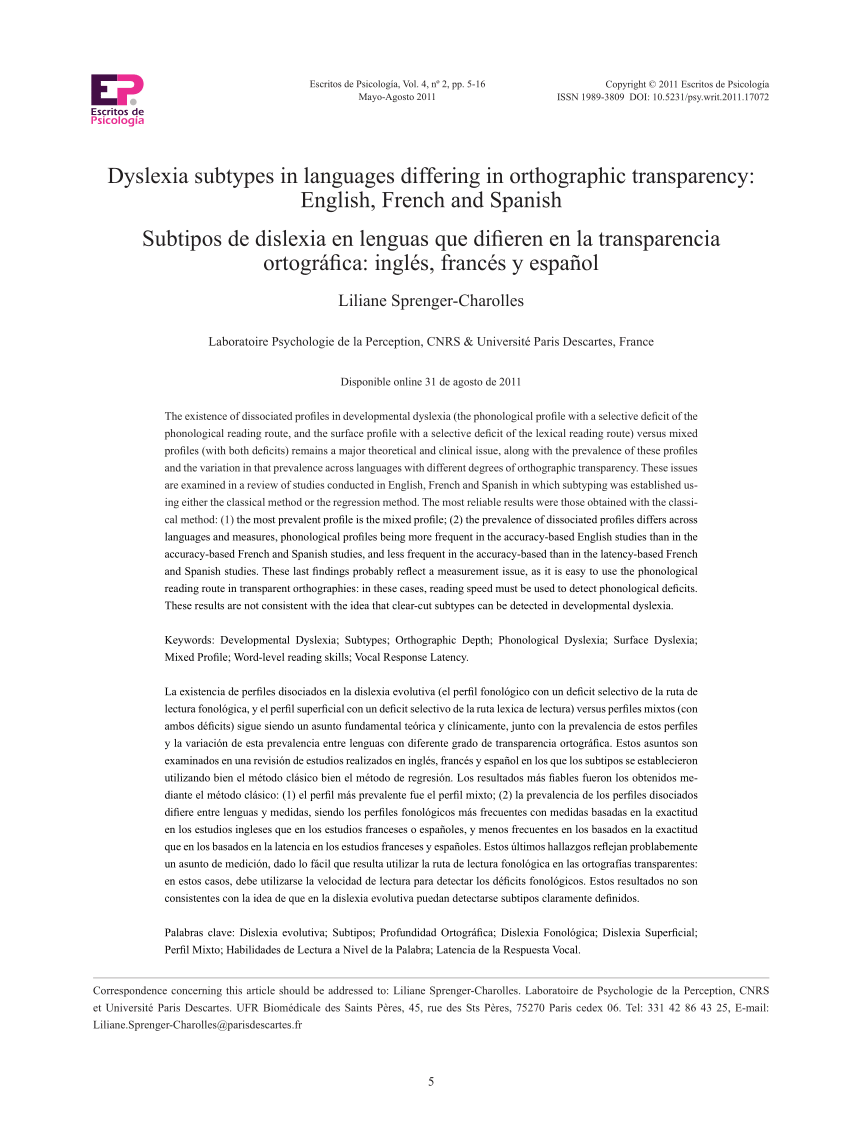 Pdf Dyslexia Subtypes In Languages Differing In Orthographic Transparency English French And Spanish