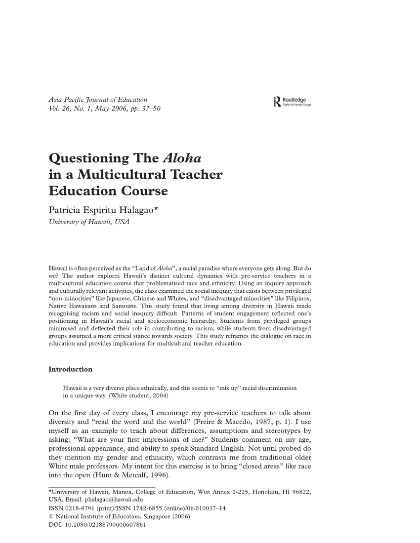 PDF Questioning The Aloha in a Multicultural Teacher Education Course