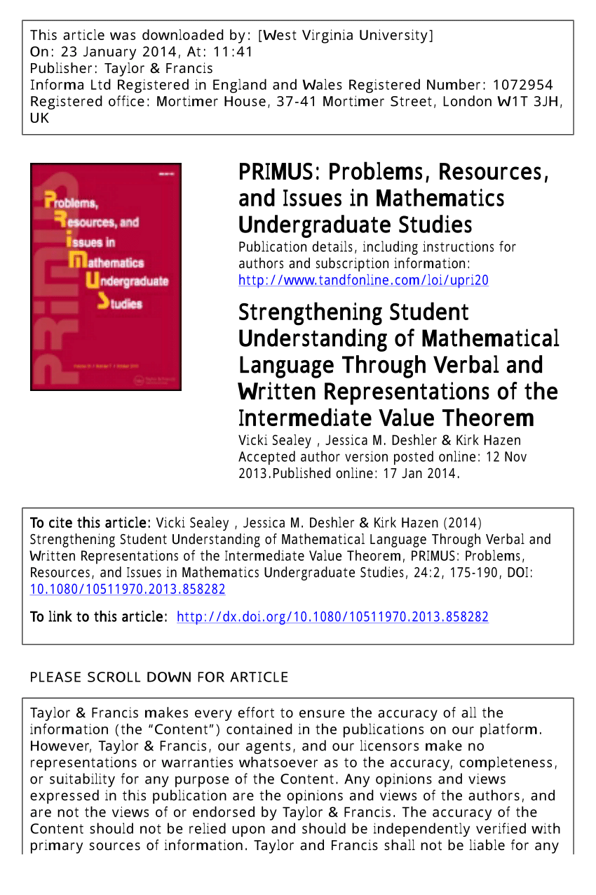 PDF) Strengthening Student Understanding of Mathematical Language Throughout Intermediate Value Theorem Worksheet