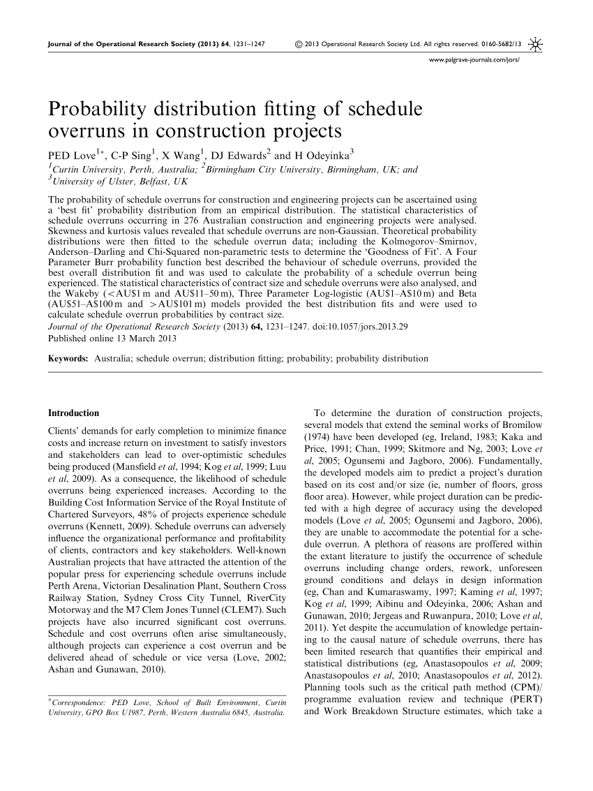 Pdf Probability Distribution Fitting Of Schedule Overruns In Construction Projects