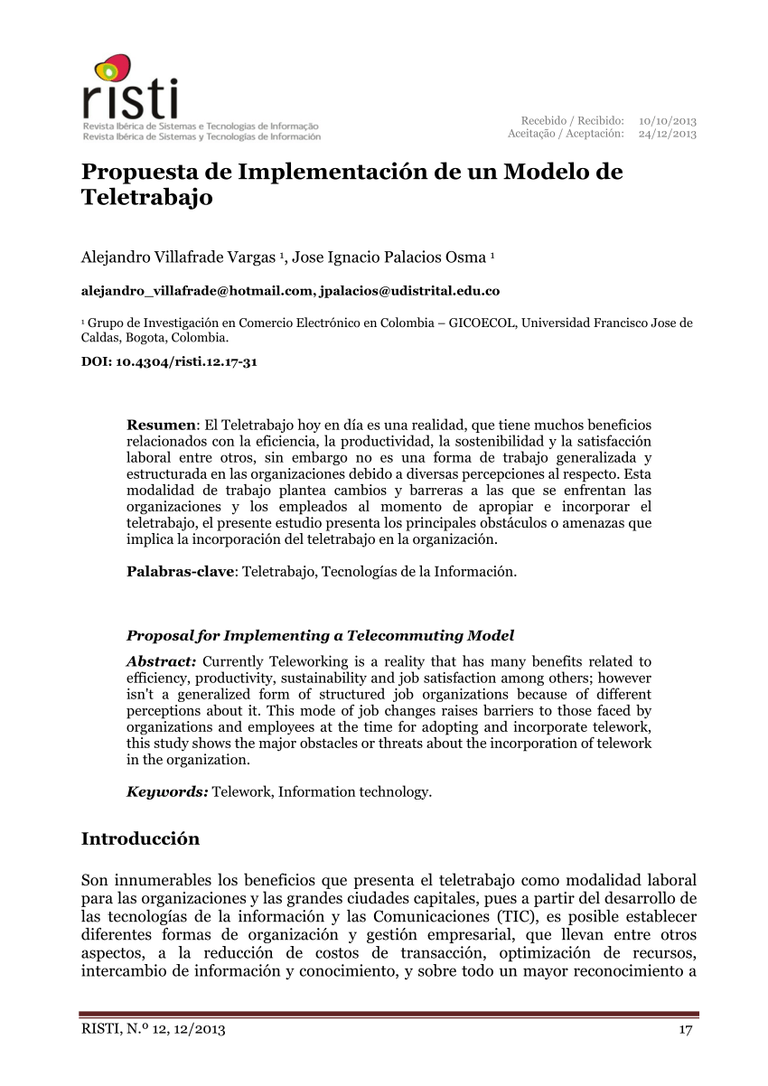 PDF) Propuesta de Implementación de un Modelo de Teletrabajo