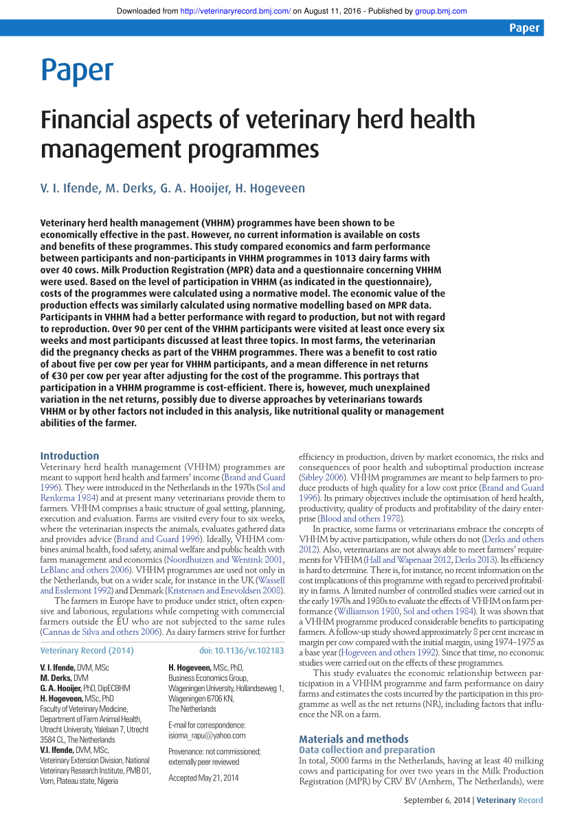 (PDF) Financial aspects of veterinary herd health management programmes