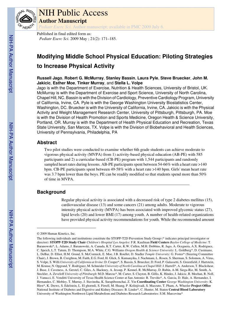 middle school physical education research topics