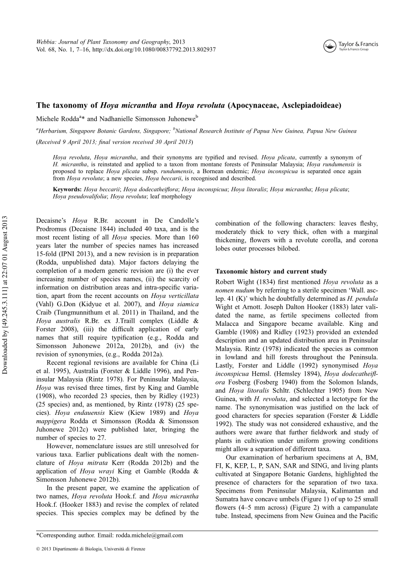 PDF) The taxonomy of Hoya micrantha and Hoya revoluta (Apocynaceae