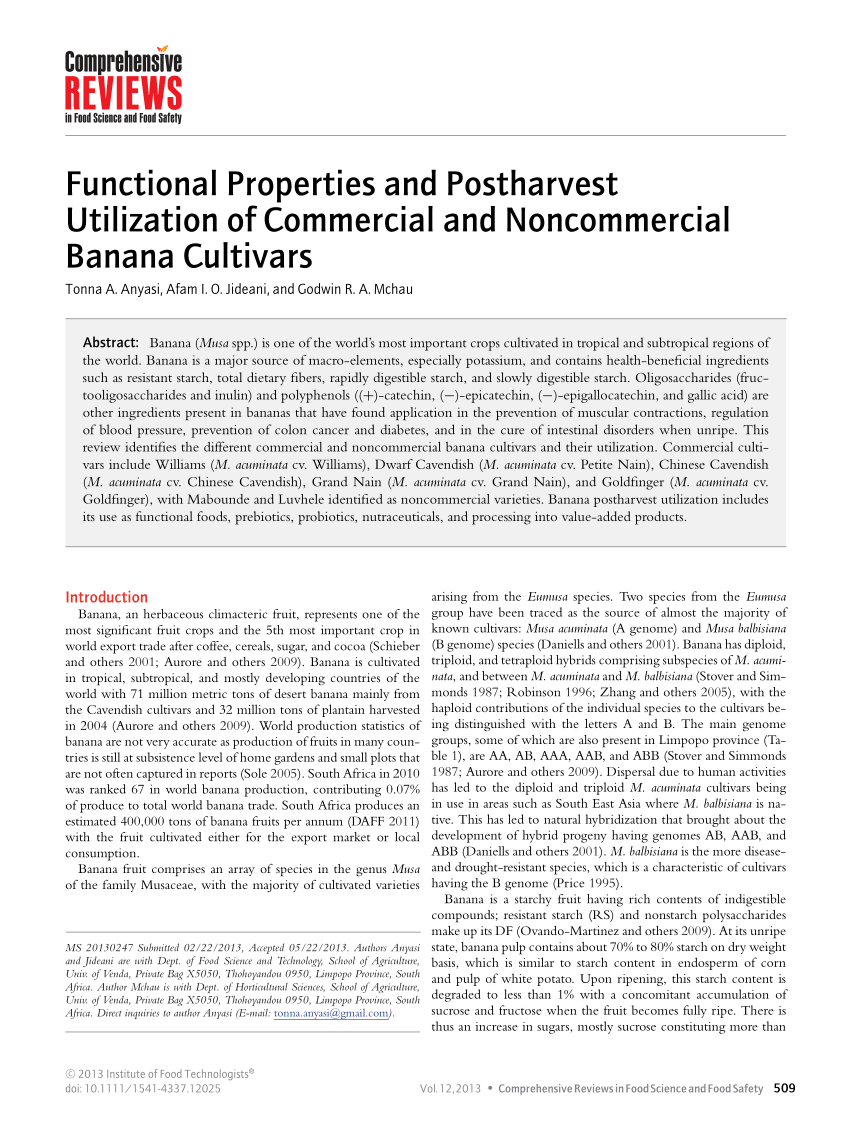 Pdf Functional Properties And Postharvest Utilization Of Commercial And Noncommercial Banana Cultivars