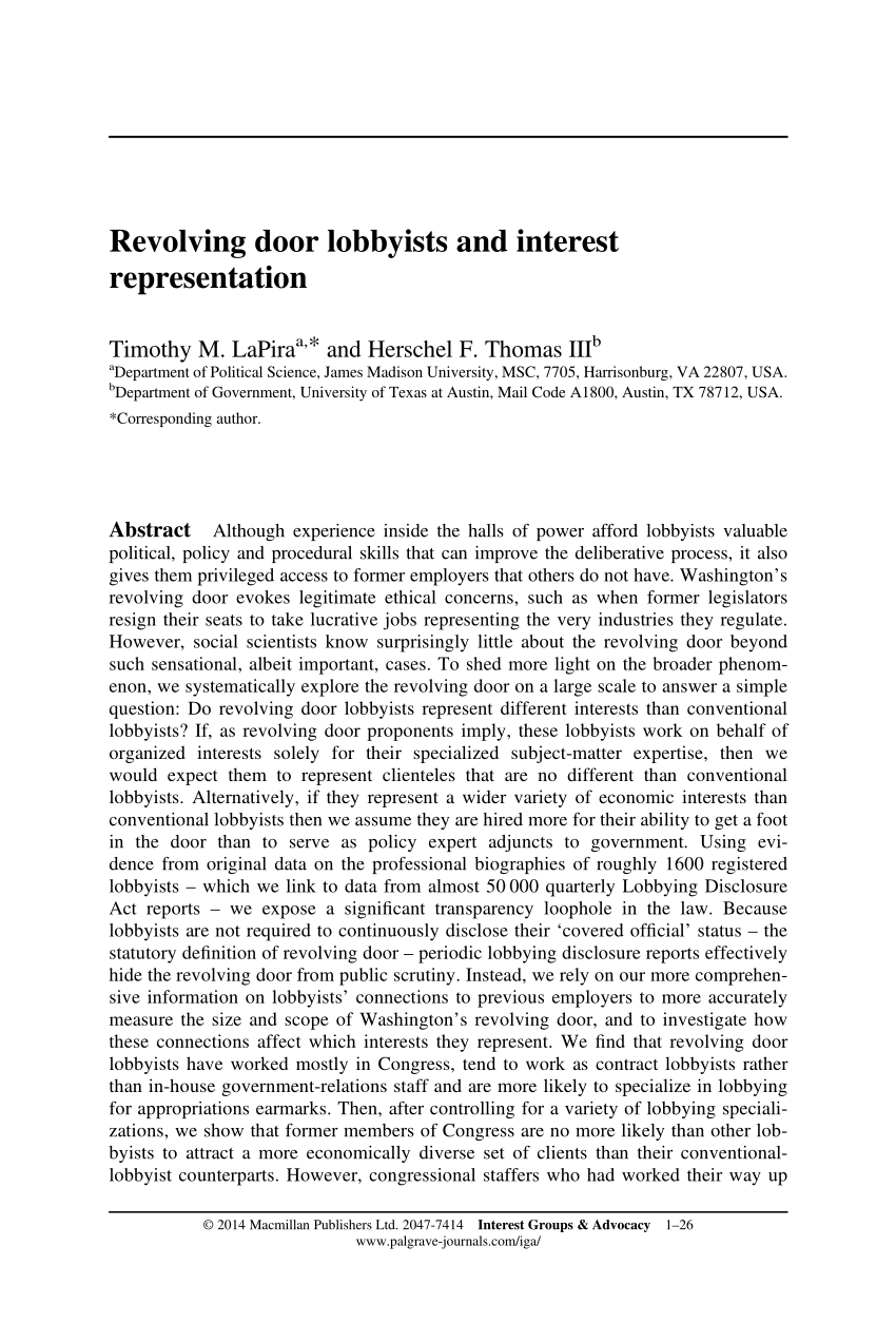 Pdf Revolving Door Lobbyists And Interest Representation