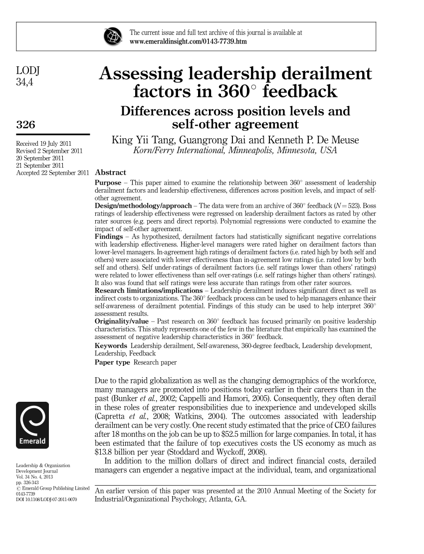 Pdf Assessing Leadership Derailment Factors In 360 Feedback Differences Across Position Levels And Self Other Agreement