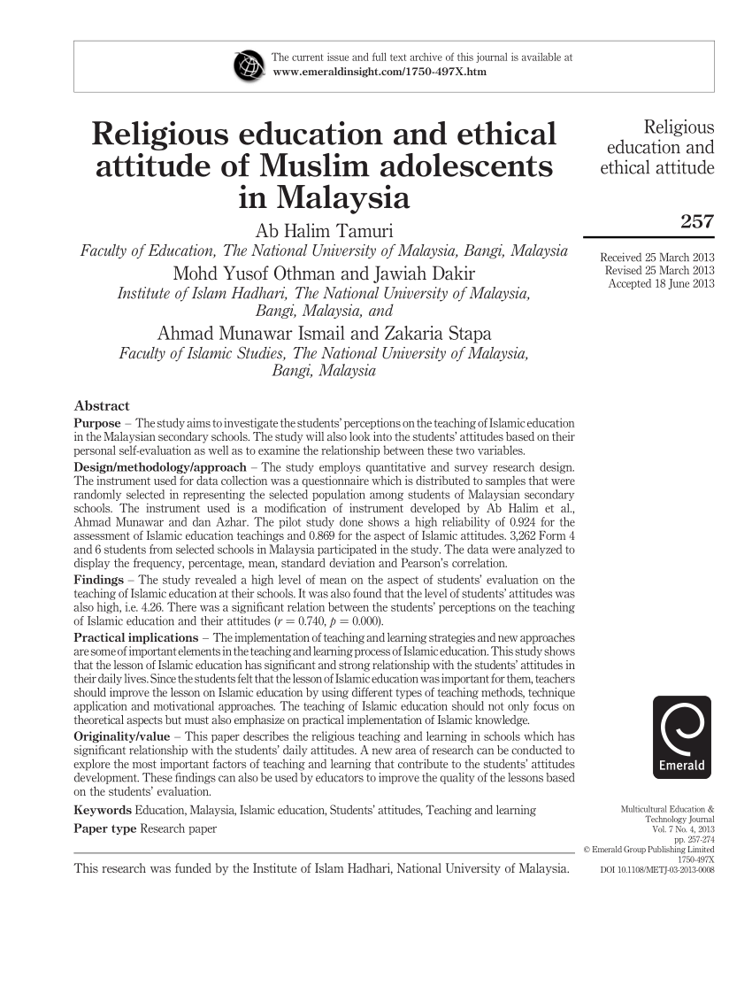 PDF Religious Education And Ethical Attitude Of Muslim Adolescents