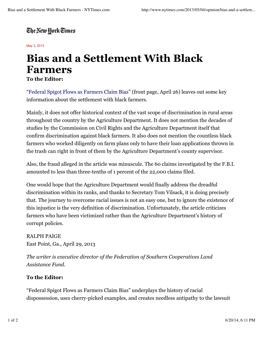 (PDF) Bias and a Settlement With Black Farmers