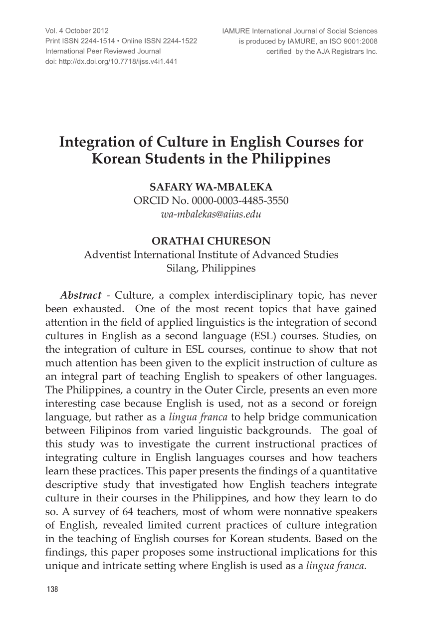 PDF) Integration of Culture in English Courses for Korean Students in the  Philippines