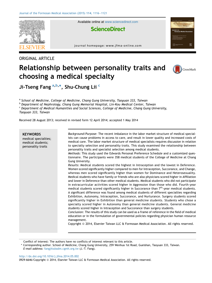 Pdf Relationship Between Personality Traits And Choosing A Medical Specialty