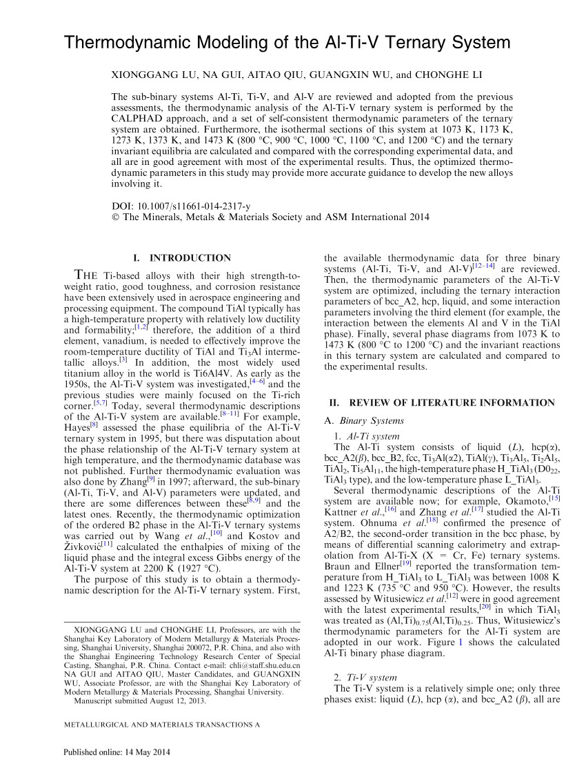 Pdf Thermodynamic Modeling Of The Al Ti V Ternary System