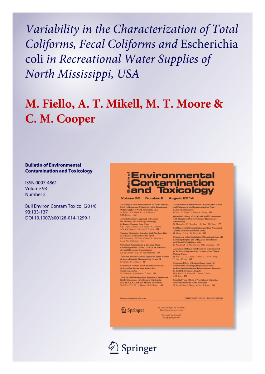 PDF) Variability in the Characterization of Total Coliforms, Fecal  Coliforms and Escherichia coli in Recreational Water Supplies of North  Mississippi, USA