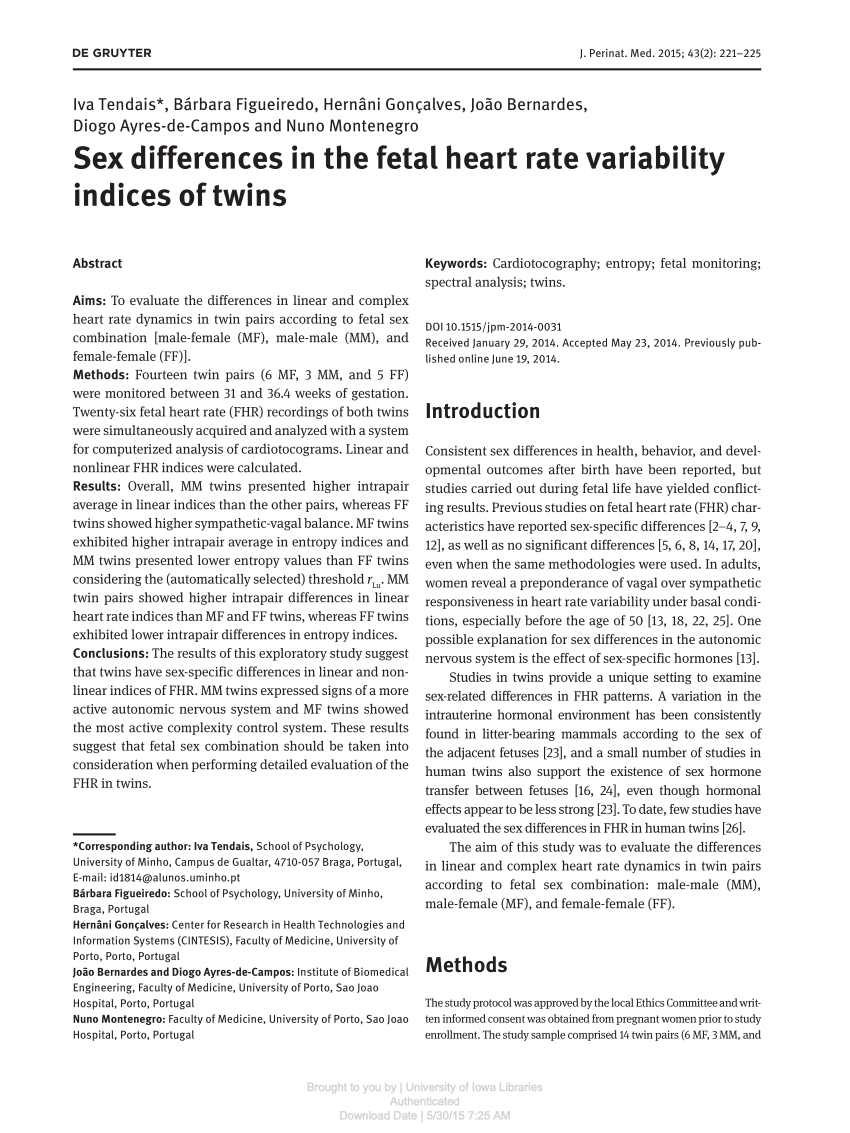 Pdf Sex Differences In The Fetal Heart Rate Variability Indices Of Twins 