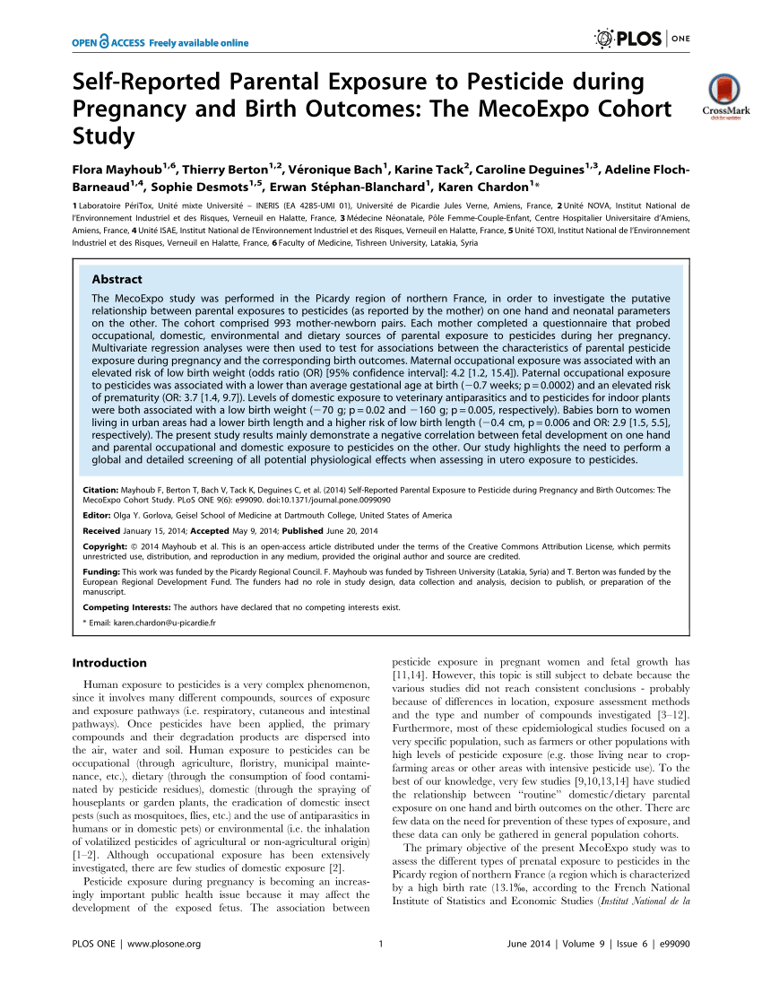 Pdf Self Reported Parental Exposure To Pesticide During Pregnancy And Birth Outcomes The Mecoexpo Cohort Study