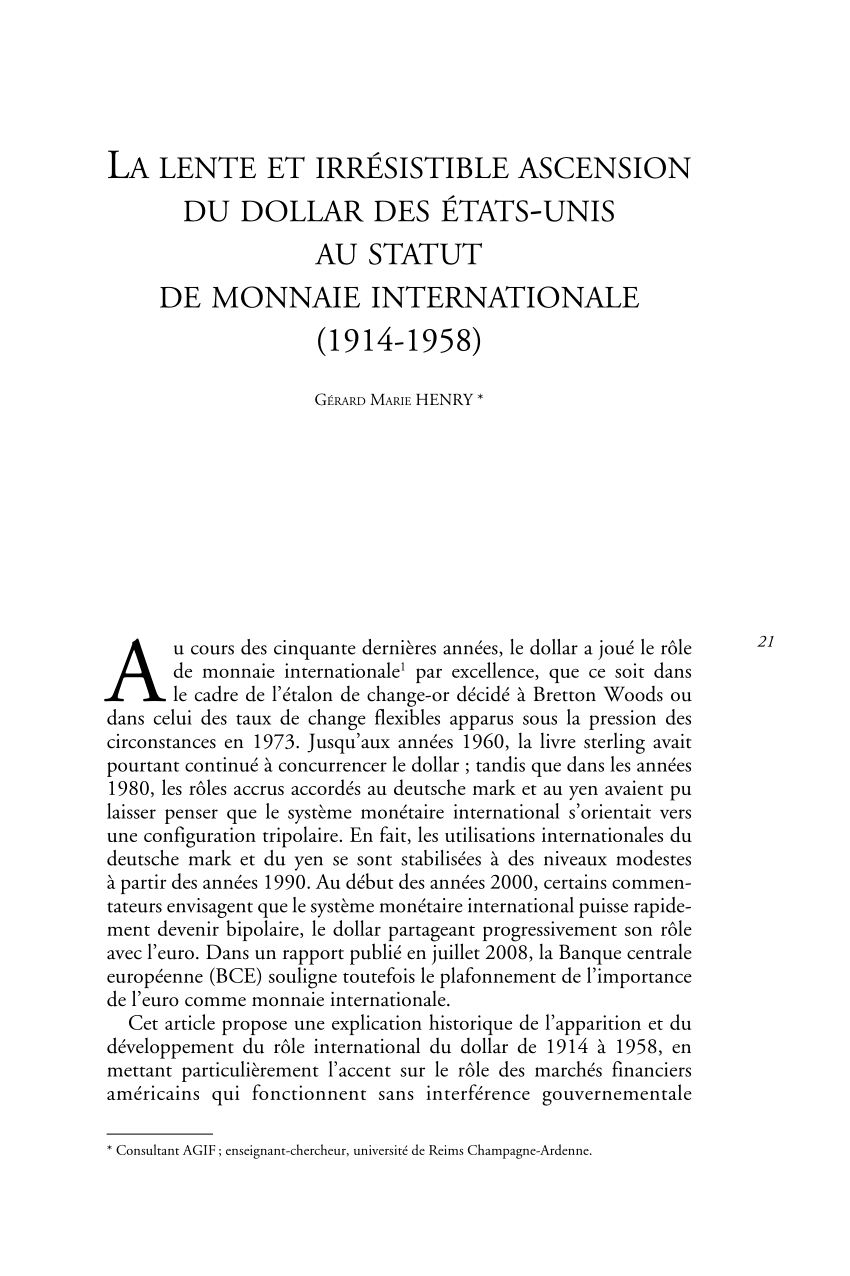 Pdf Le Dollar Des Etats Unis Devient La Monnaie Internationale