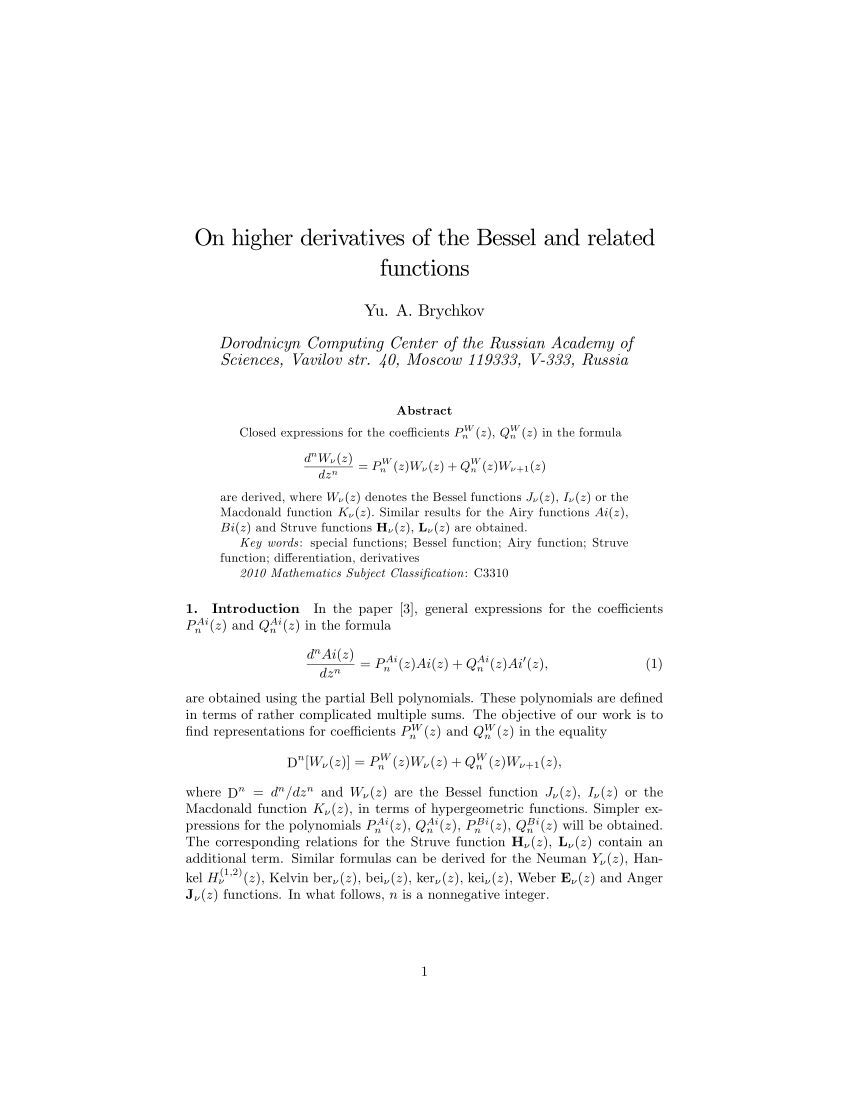 Pdf On Higher Derivatives Of The Bessel And Related Functions