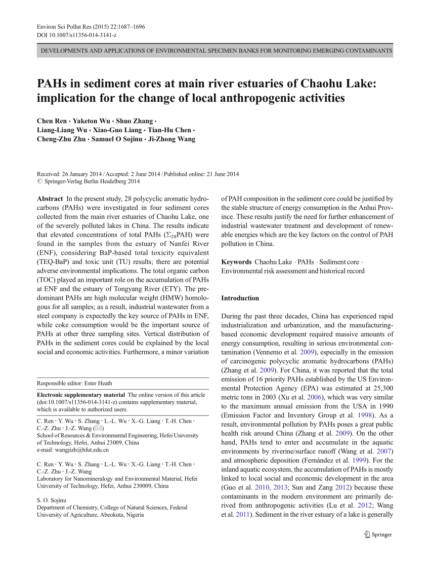 Pdf Pahs In Sediment Cores At Main River Estuaries Of Chaohu Lake Implication For The Change Of Local Anthropogenic Activities