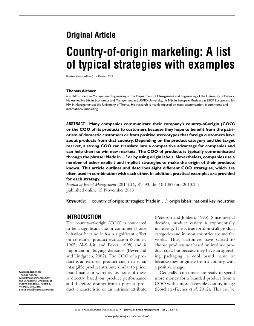 Pdf Country Of Origin Marketing A List Of Typical Strategies With Examples