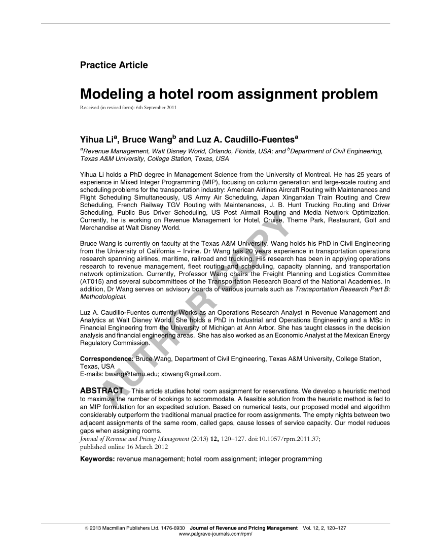 room assignment in hotel sample