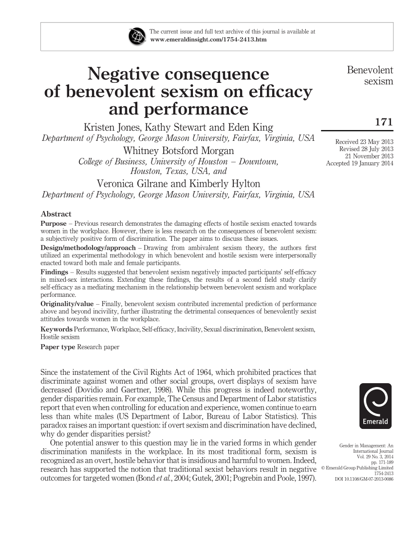 Pdf Negative Consequence Of Benevolent Sexism On Efficacy And Performance