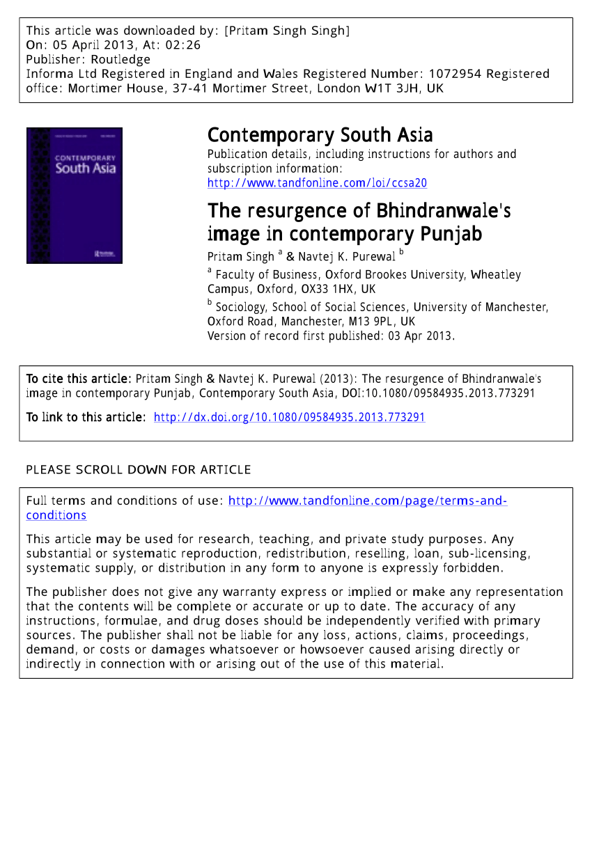 Pdf The Resurgence Of Bhindranwale S Image In Contemporary Punjab
