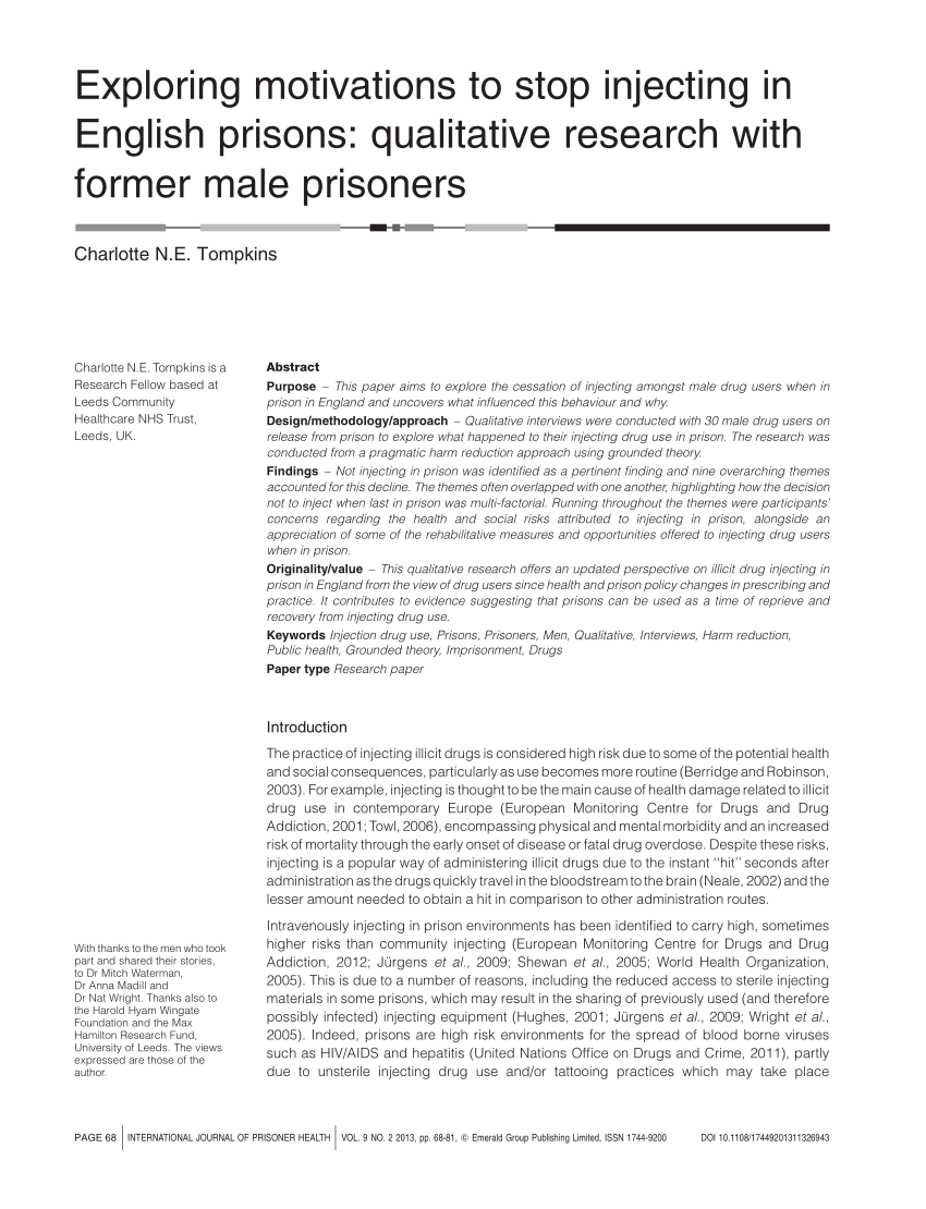 Pdf Exploring Motivations To Stop Injecting In English Prisons Qualitative Research With Former Male Prisoners