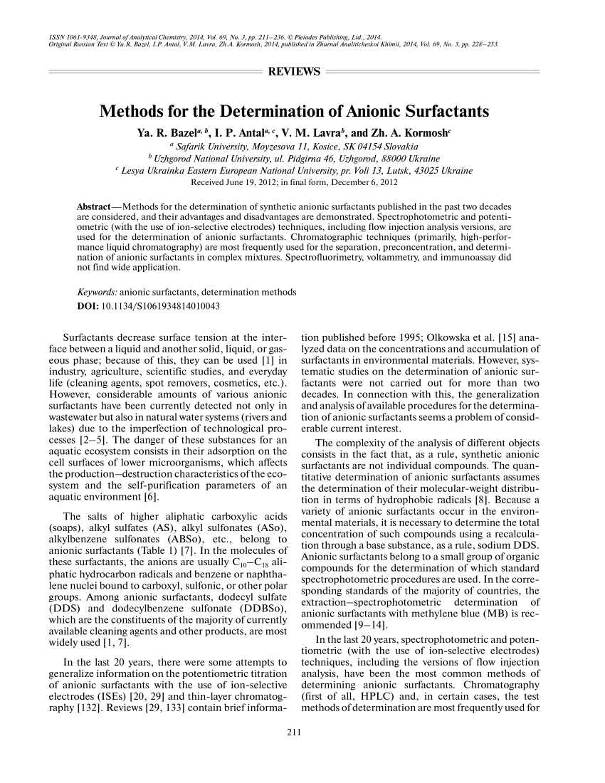 Pdf Methods For The Determination Of Anionic Surfactants