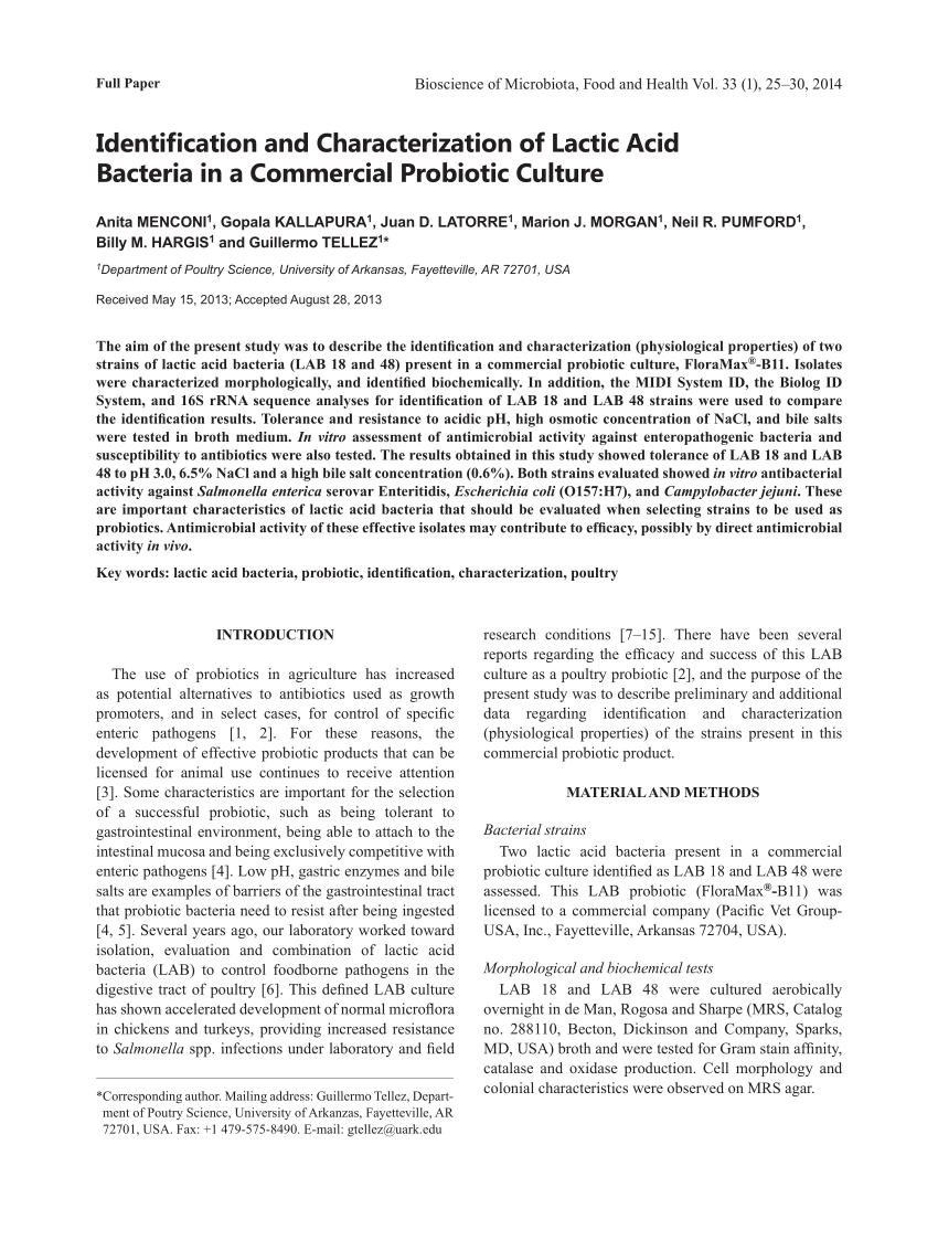 Identification and Characterization of Lactic Acid Bacteria in a Commercial Probiotic Culture (PDF Download Available)