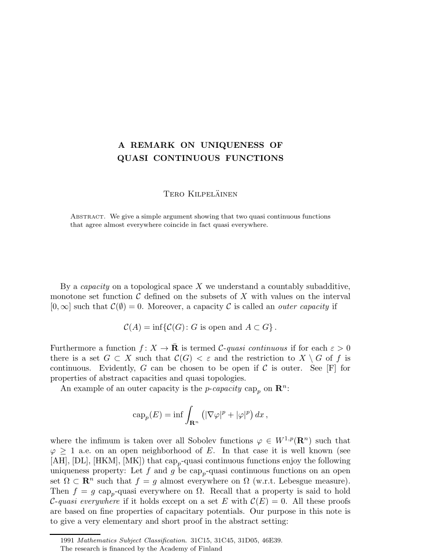 Pdf A Remark On The Uniqueness Of Quasi Continuous Functions