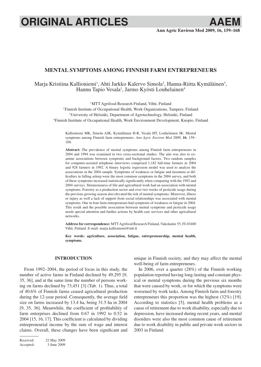 PDF) Mental symptoms among Finnish farm entrepreneurs