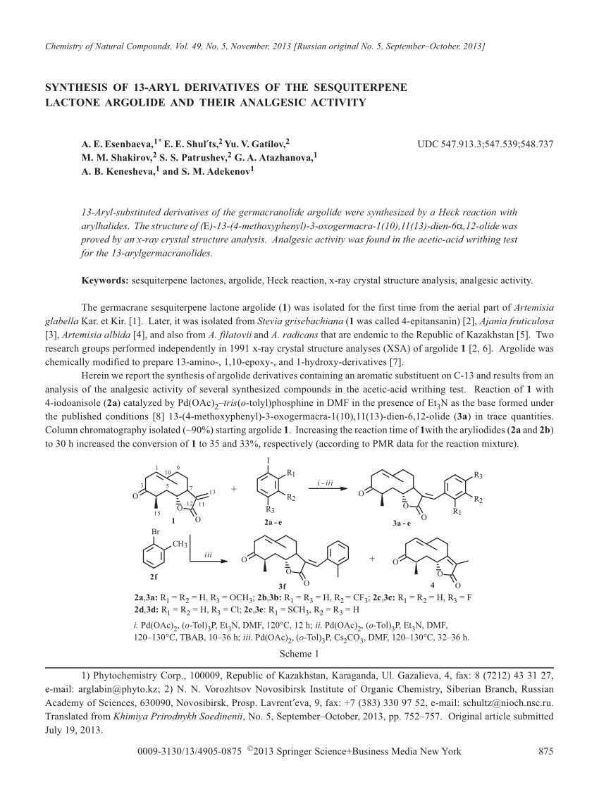 Pdf Synthesis Of 13 Aryl Derivatives Of The Sesquiterpene Lactone Argolide And Their Analgesic Activity