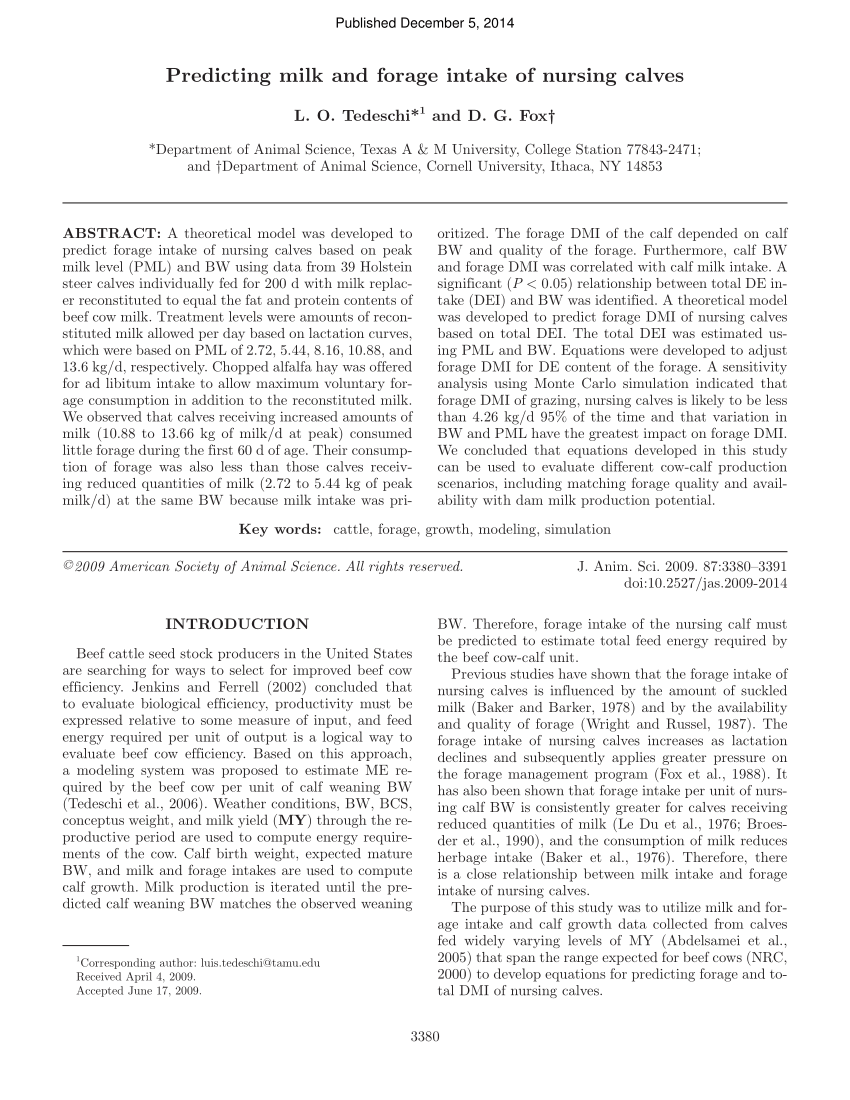 Pdf Predicting Milk And Forage Intake Of Nursing Calves